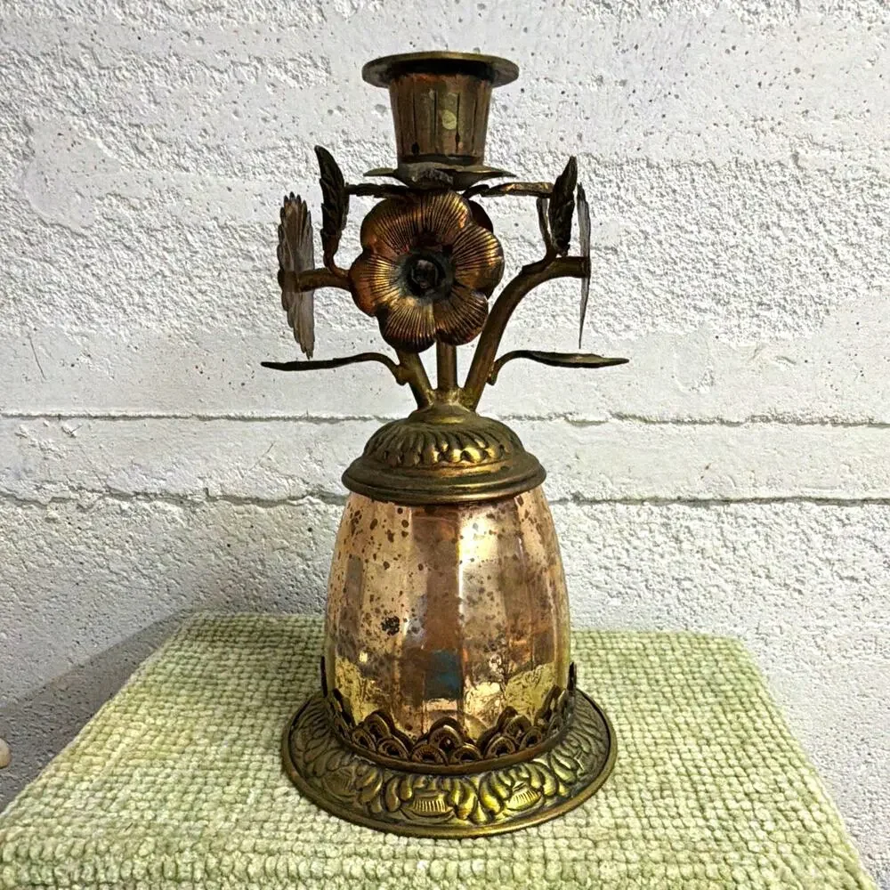 Vintage Brass Copper Candle Holder Mercury Glass Floral Flowers 8” Boho Decor